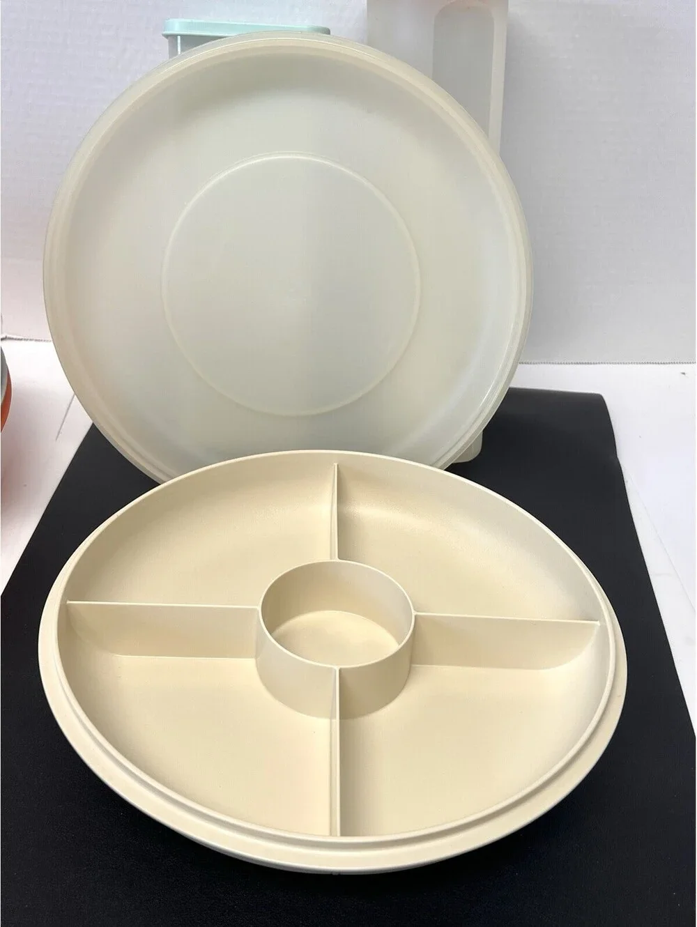 4 Vtg Tupperware Mixed- Orange 840-G, 5 Comp Tray 1709-6, Spaghetti, Velveeta